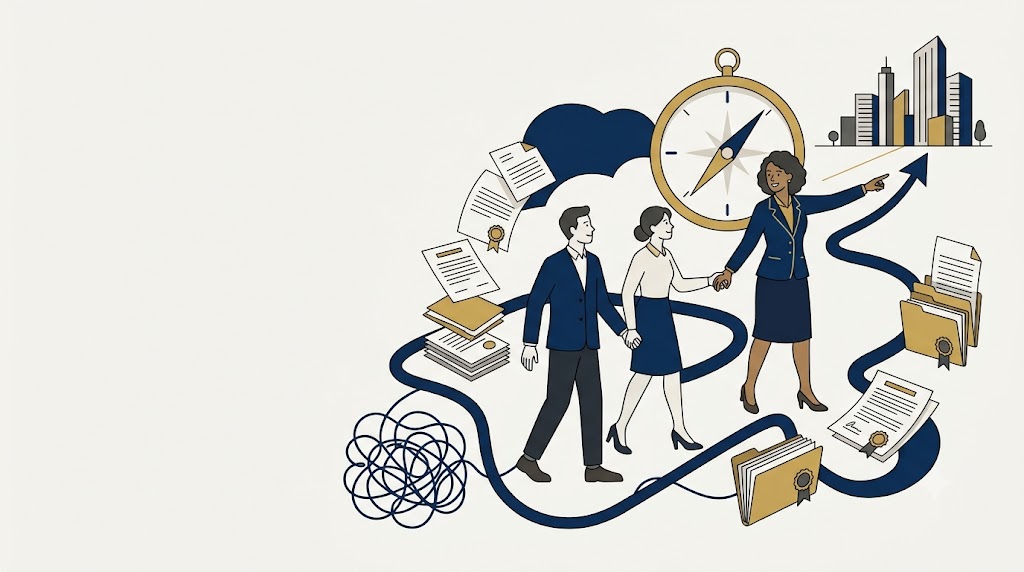 Ilustração de um caminho jurídico sendo organizado do caos à clareza